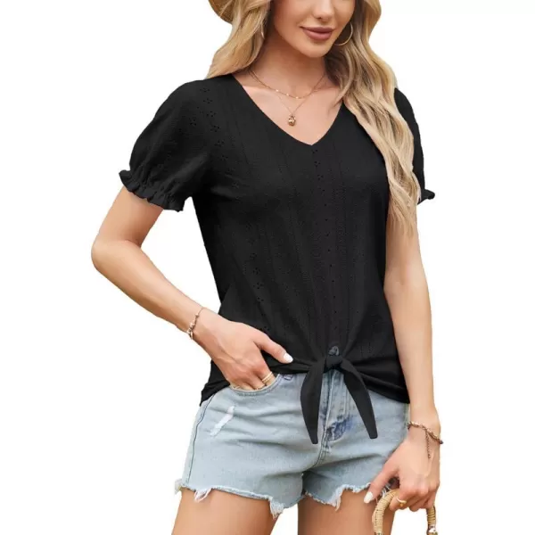 GRACE KARIN Womens 2024 Summer Tops Short Sleeve V Neck Basic T Shirts Dressy Casual Tie Front Tops Eyelet Blouses TunicBlack