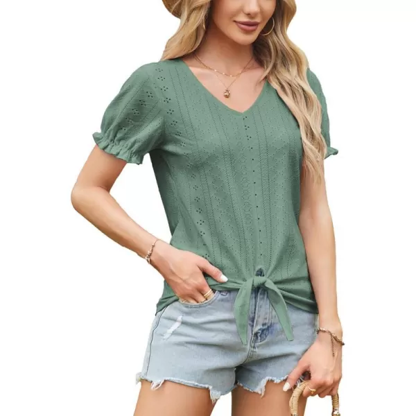 GRACE KARIN Womens 2024 Summer Tops Short Sleeve V Neck Basic T Shirts Dressy Casual Tie Front Tops Eyelet Blouses TunicGreen