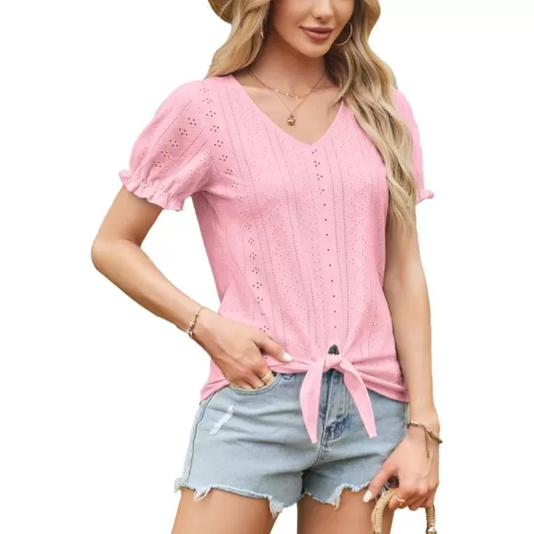 GRACE KARIN Womens 2024 Summer Tops Short Sleeve V Neck Basic T Shirts Dressy Casual Tie Front Tops Eyelet Blouses TunicPink