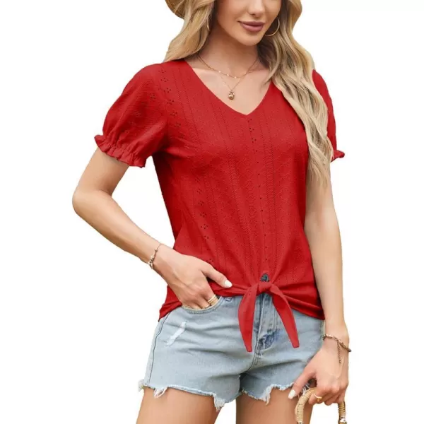 GRACE KARIN Womens 2024 Summer Tops Short Sleeve V Neck Basic T Shirts Dressy Casual Tie Front Tops Eyelet Blouses TunicRed