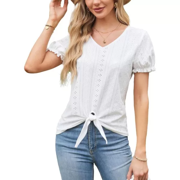 GRACE KARIN Womens 2024 Summer Tops Short Sleeve V Neck Basic T Shirts Dressy Casual Tie Front Tops Eyelet Blouses TunicWhite