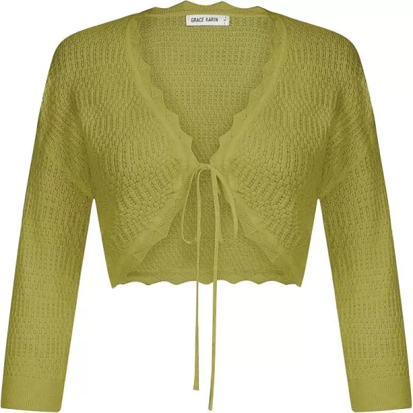 GRACE KARIN Womens 34 Sleeve Cropped Cardigan Sweater Elegant Crochet Knit Bolero Shrugs for Women DressesYellow Green