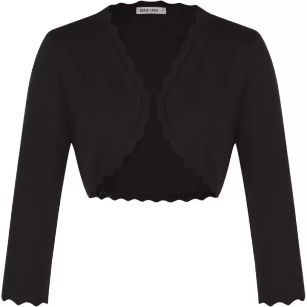 GRACE KARIN Womens 34 Sleeve Open Front Scalloped Knit Cropped Bolero Shrug CardiganBlack