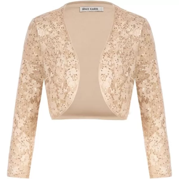 GRACE KARIN Womens 34 Sleeve Open Front Sequin Floral Lace Cropped Shrug Bolero CardiganChampagne