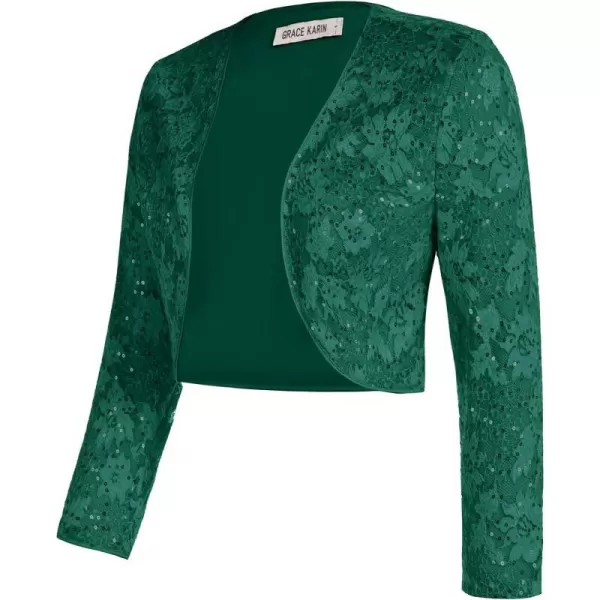 GRACE KARIN Womens 34 Sleeve Open Front Sequin Floral Lace Cropped Shrug Bolero CardiganDark Green