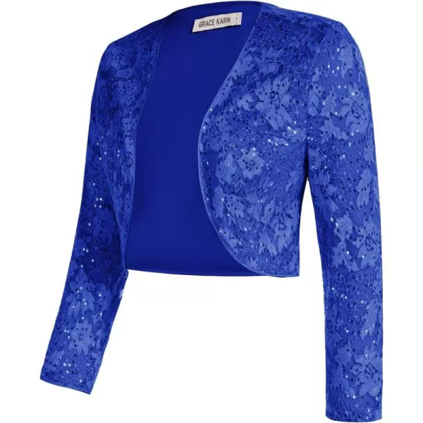 GRACE KARIN Womens 34 Sleeve Open Front Sequin Floral Lace Cropped Shrug Bolero CardiganRoyal Blue