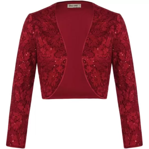 GRACE KARIN Womens 34 Sleeve Open Front Sequin Floral Lace Cropped Shrug Bolero CardiganWine Red