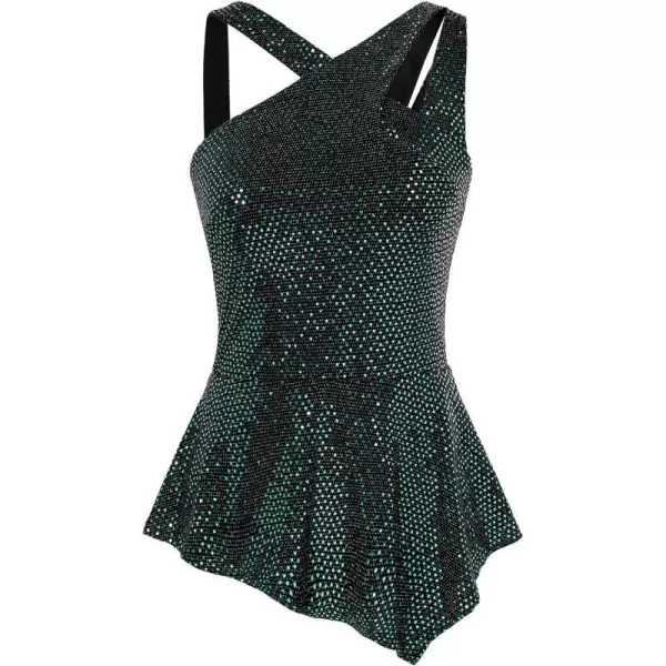 GRACE KARIN Womens Asymmetric V Neck A Line Sequin Tank Tops Sleeveless Irregular Peplum Hem Blouse Sparkly Party ShirtGreen on Black