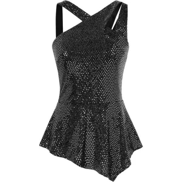 GRACE KARIN Womens Asymmetric V Neck A Line Sequin Tank Tops Sleeveless Irregular Peplum Hem Blouse Sparkly Party ShirtSilver on Black