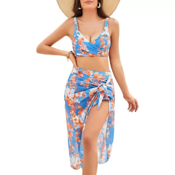 GRACE KARIN Womens Bathing Suit 3 Piece Bikini Sets High Waist Swimwear Sexy Printed Ruched Swimsuit with Cover UpsBlue Floral