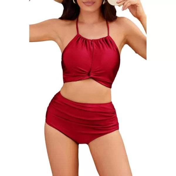 GRACE KARIN Womens Bikini Sets Two Piece Swimsuit Ruched High Waisted Tummy Control Bathing SuitsRed