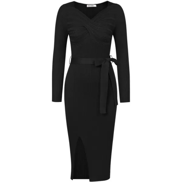 GRACE KARIN Womens Bodycon Knit Sweater Dress Long Sleeve Criss Cross Sweetheart V Neck Tie Waist Slit Pullover DressBlack