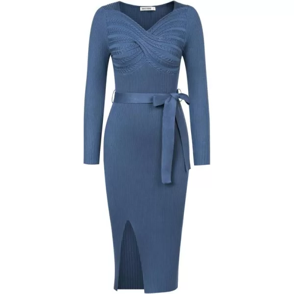 GRACE KARIN Womens Bodycon Knit Sweater Dress Long Sleeve Criss Cross Sweetheart V Neck Tie Waist Slit Pullover DressBlue