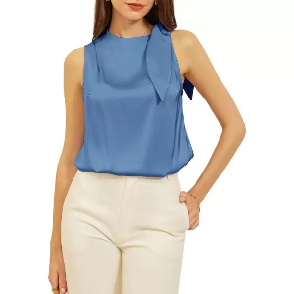 GRACE KARIN Womens Business Casual Tie Mock Neck Satin Tank Tops Silk Basic Cami Sleeveless Shirt BlouseBlue