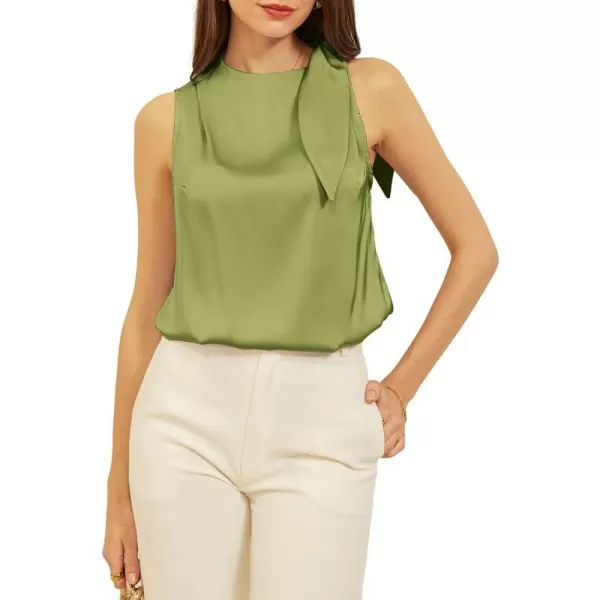 GRACE KARIN Womens Business Casual Tie Mock Neck Satin Tank Tops Silk Basic Cami Sleeveless Shirt BlouseGreen