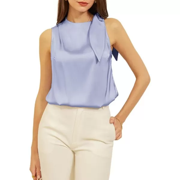 GRACE KARIN Womens Business Casual Tie Mock Neck Satin Tank Tops Silk Basic Cami Sleeveless Shirt BlouseLight Blue