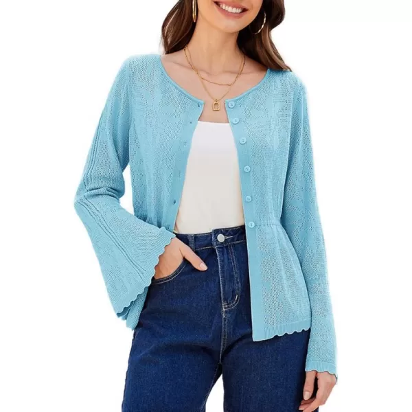 GRACE KARIN Womens Button Down Long Sleeve Cardigan Classic Flowy Soft Crew Neck Knit Sweater 2024Light Blue