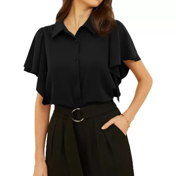 GRACE KARIN Womens Button Down Shirts Flowy Ruffle Short Sleeve Collared V Neck Dressy Casual Office Work Shirt Blouse TopsBlack