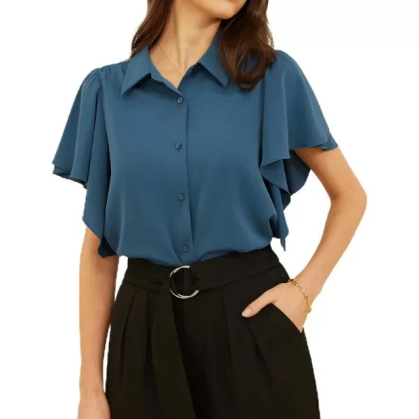 GRACE KARIN Womens Button Down Shirts Flowy Ruffle Short Sleeve Collared V Neck Dressy Casual Office Work Shirt Blouse TopsGrey Blue