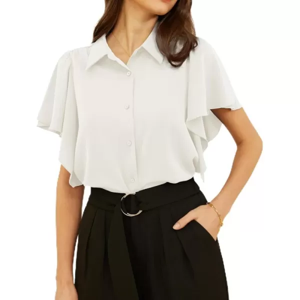 GRACE KARIN Womens Button Down Shirts Flowy Ruffle Short Sleeve Collared V Neck Dressy Casual Office Work Shirt Blouse TopsWhite