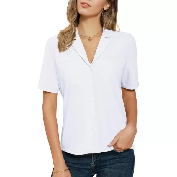 GRACE KARIN Womens Button Down Shirts Short Sleeve Long Sleeve Business Casual Tops V Neck BlouseWhite With Pocket