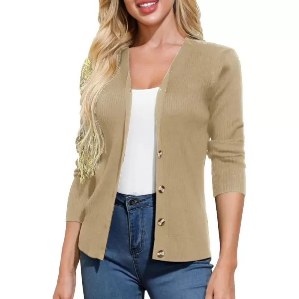 GRACE KARIN Womens Button Down Vee Neck Long Sleeve Rib Knit Cardigan SweatersTan Khaki