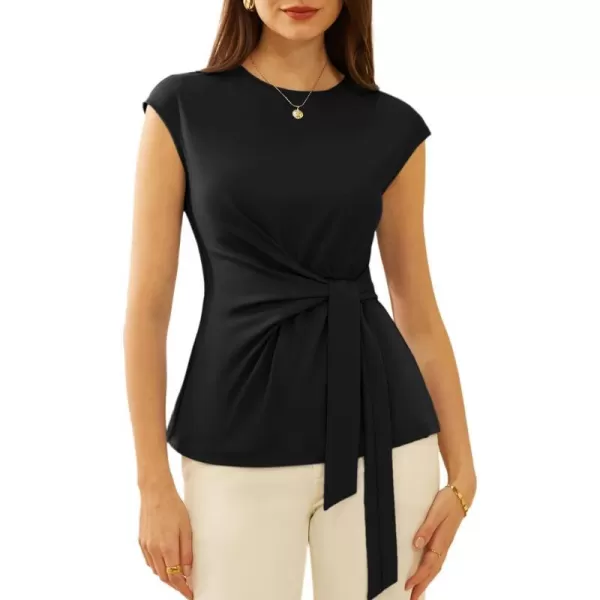 GRACE KARIN Womens Cap Sleeve Tops Summer Tie Waist Crew Neck Elegant Blouse Dressy Casual Solid Color ShirtsBlack