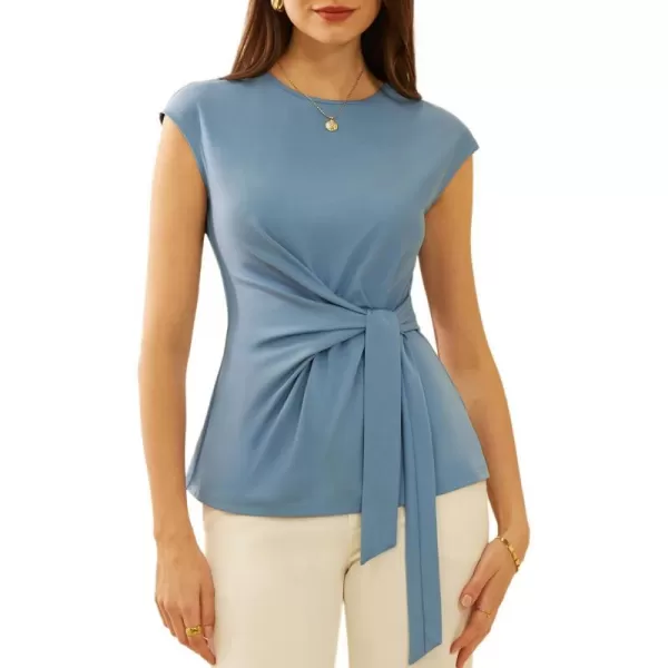 GRACE KARIN Womens Cap Sleeve Tops Summer Tie Waist Crew Neck Elegant Blouse Dressy Casual Solid Color ShirtsGray Blue