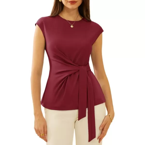 GRACE KARIN Womens Cap Sleeve Tops Summer Tie Waist Crew Neck Elegant Blouse Dressy Casual Solid Color ShirtsWine Red