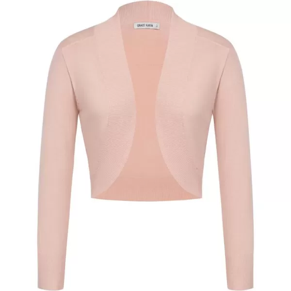 GRACE KARIN Womens Cardigan Open Front Knit Cropped Bolero Shrug Long Sleeve Vintage SweaterPink