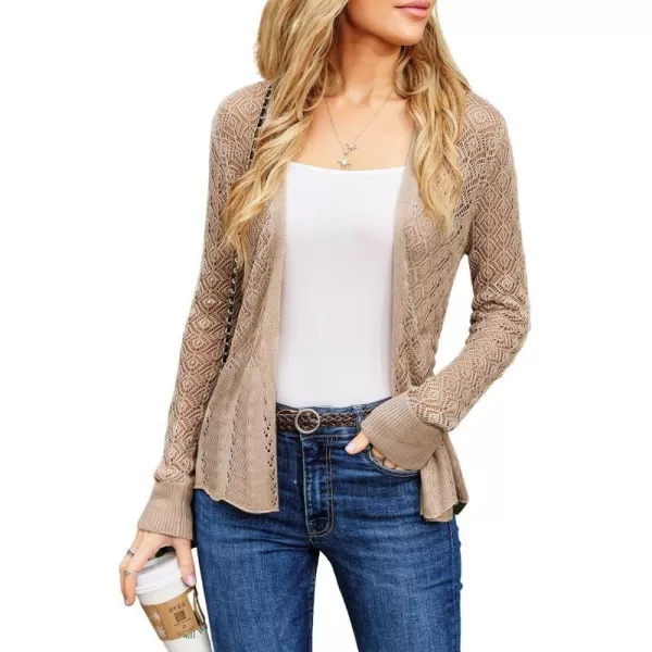 GRACE KARIN Womens Cardigans HollowedOut Open Front Knitwear Sweater with BeltKhaki