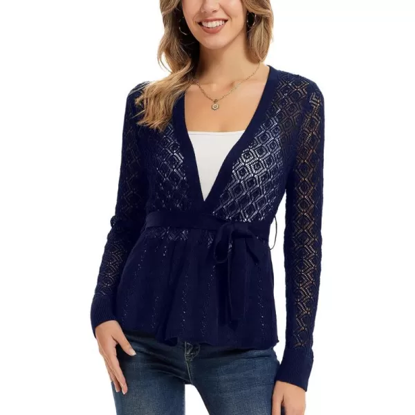 GRACE KARIN Womens Cardigans HollowedOut Open Front Knitwear Sweater with BeltNavy Blue