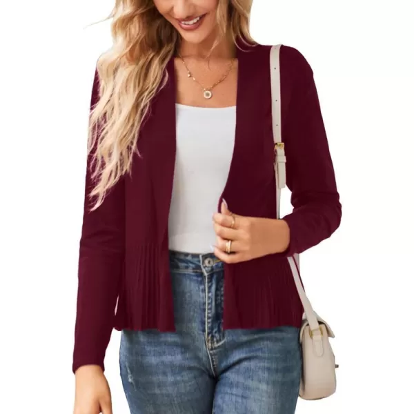 GRACE KARIN Womens Casual Draped Open Front Cropped Cardigan Long Sleeve Sweater Peplum Knit OutwearWine Red