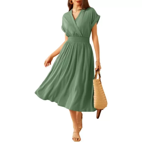 GRACE KARIN Womens Casual Linen Dresses 2024 Summer V Neck A Line Midi Dress with PocketsGray Green