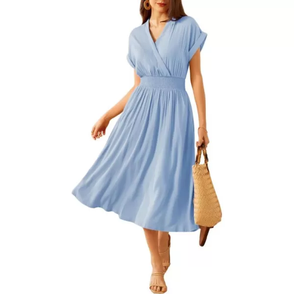 GRACE KARIN Womens Casual Linen Dresses 2024 Summer V Neck A Line Midi Dress with PocketsLight Blue