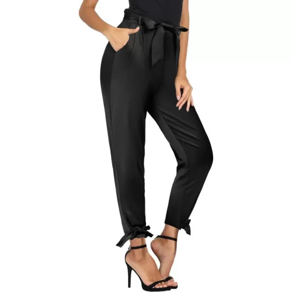 GRACE KARIN Womens Casual Pants Satin High Waist Cropped Pencil Pants with Bow Knot PocketsBlack