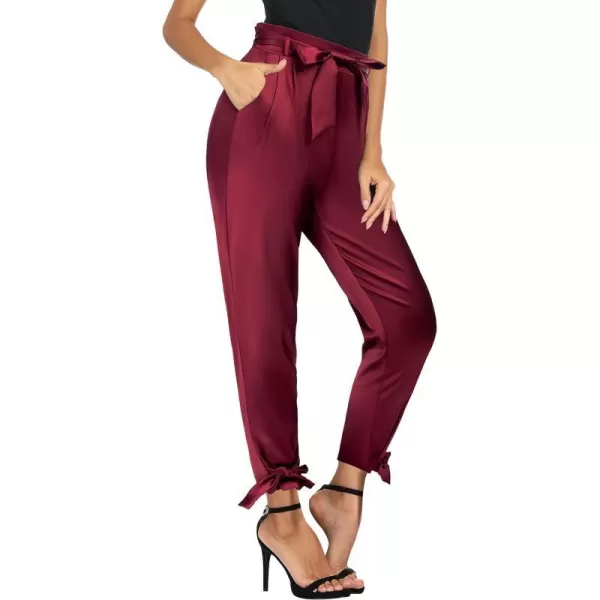 GRACE KARIN Womens Casual Pants Satin High Waist Cropped Pencil Pants with Bow Knot PocketsWine