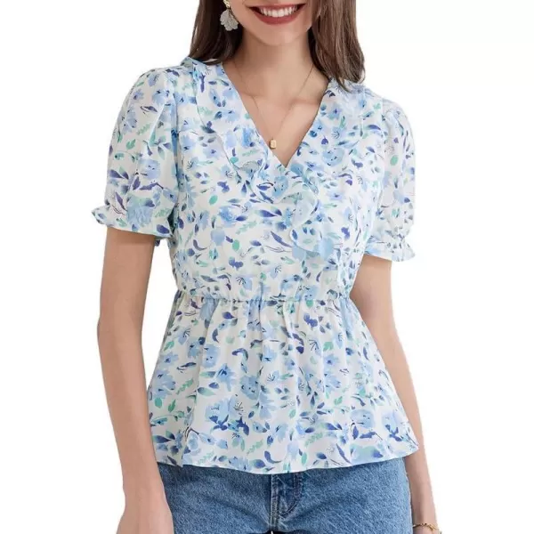 GRACE KARIN Womens Casual Tops Dressy Chiffon Ruffled Short Sleeve Peplum Blouses Summer Floral V Neck Flowy ShirtsBlue