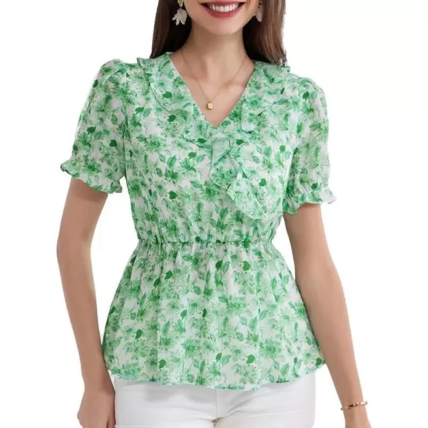 GRACE KARIN Womens Casual Tops Dressy Chiffon Ruffled Short Sleeve Peplum Blouses Summer Floral V Neck Flowy ShirtsGreen