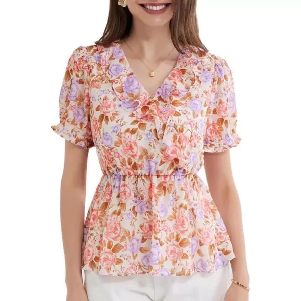 GRACE KARIN Womens Casual Tops Dressy Chiffon Ruffled Short Sleeve Peplum Blouses Summer Floral V Neck Flowy ShirtsPink