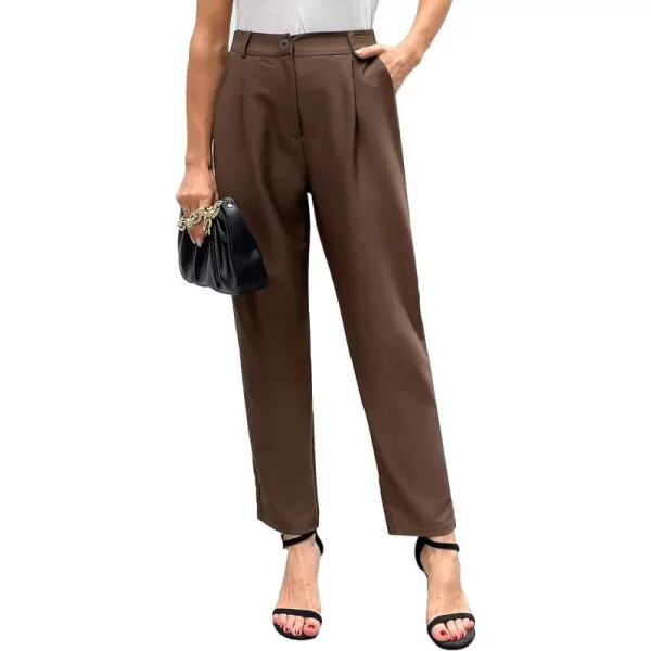 GRACE KARIN Womens Casual Work Pants with Pockets Elastic Waist Plaid PantsBrown