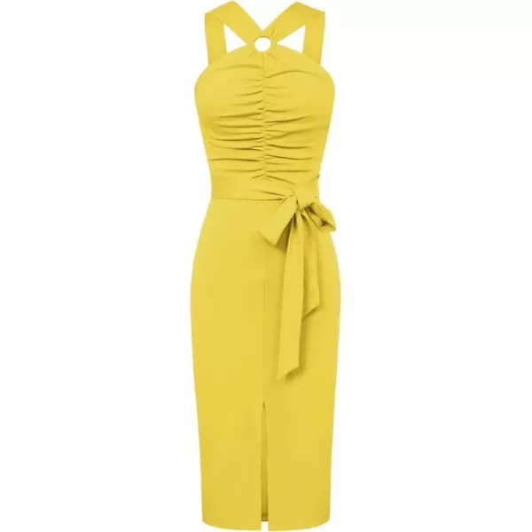 GRACE KARIN Womens Club Cocktail Dress Crossover Hatler Neck Sleeveless Midi Dress Bridesmaid Prom PartyYellow