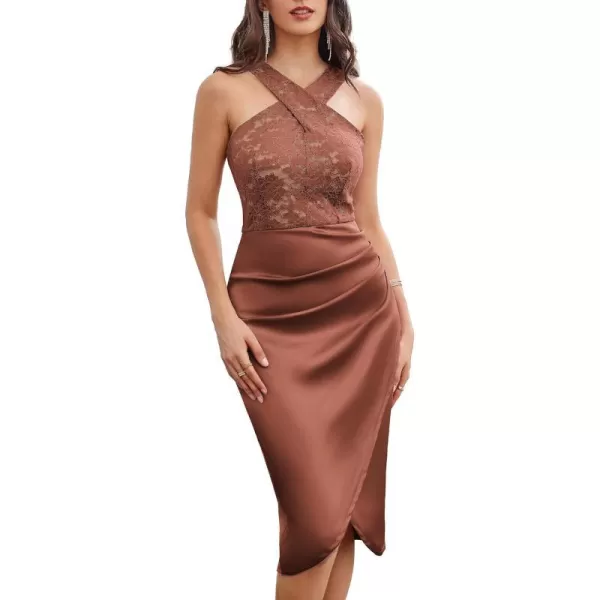 GRACE KARIN Womens Cocktail Dress Semi Formal Wedding Guest Lace Satin Halter Dresses for Evening PartyBrown