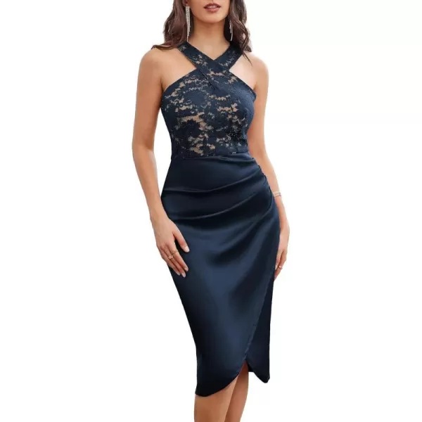 GRACE KARIN Womens Cocktail Dress Semi Formal Wedding Guest Lace Satin Halter Dresses for Evening PartyDark Blue