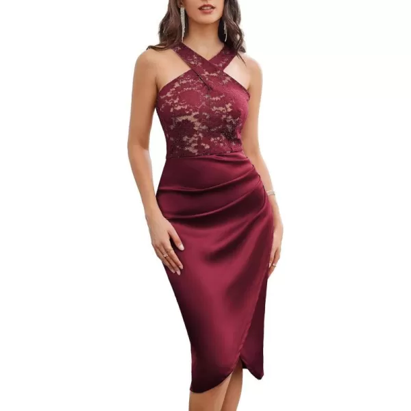 GRACE KARIN Womens Cocktail Dress Semi Formal Wedding Guest Lace Satin Halter Dresses for Evening PartyWine Red