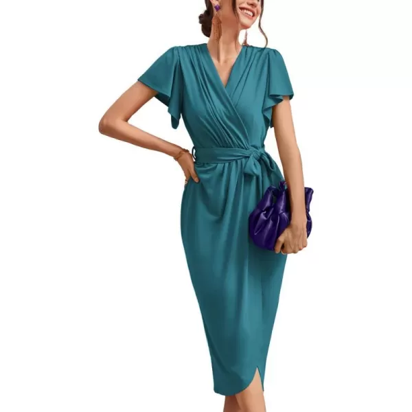 GRACE KARIN Womens Cocktail Dresses Ruffle Sleeve V Neck Wrap Dress Wedding Party Maxi Long Dress with BeltBlue Green