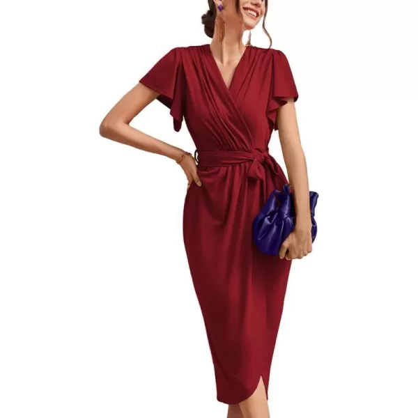 GRACE KARIN Womens Cocktail Dresses Ruffle Sleeve V Neck Wrap Dress Wedding Party Maxi Long Dress with BeltWine Red