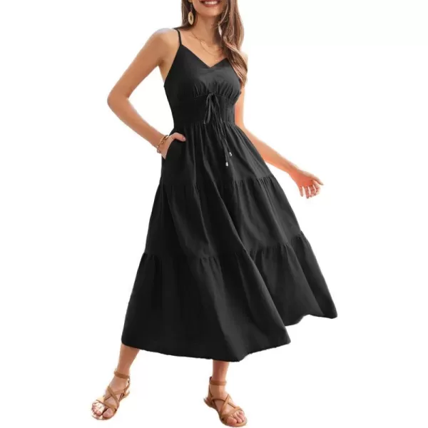 GRACE KARIN Womens Cotton Dresses Summer 2024 Spaghetti Strap V Neck Ruffle Tiered Flowy DressesBlack