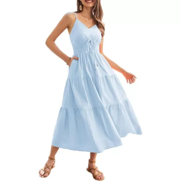 GRACE KARIN Womens Cotton Dresses Summer 2024 Spaghetti Strap V Neck Ruffle Tiered Flowy DressesLight Blue