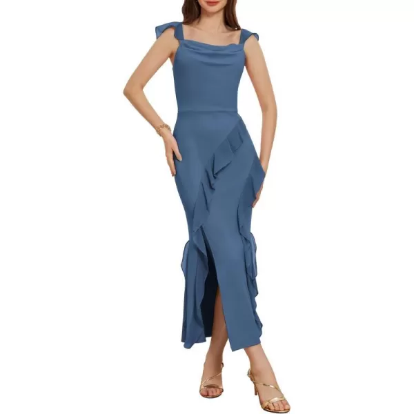 GRACE KARIN Womens Cowl Neck Sleeveless Ruffled Fishtail Dress High Slit Bodycon Cocktail Party Maxi DressGray Blue